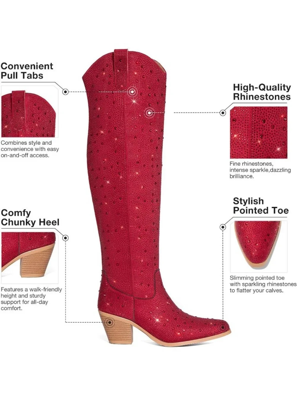 Women’s Red Over the Knee Cowgirl Boots Pointed Toe Thigh High Chunky Heel